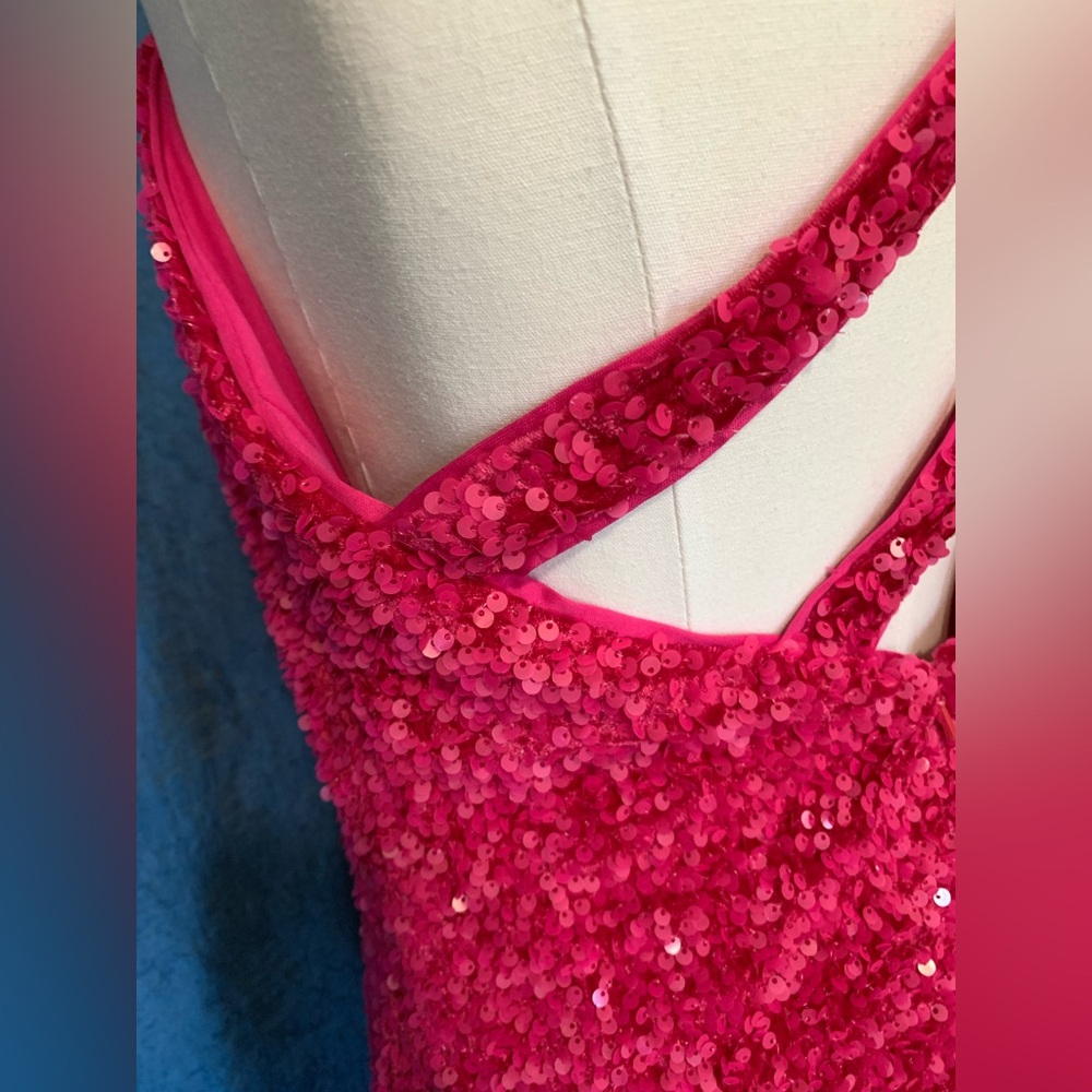 OneShoulder Column Sequin Gown Train Fuchsia Magenta Hot Pink Statement - Picture 6 of 15